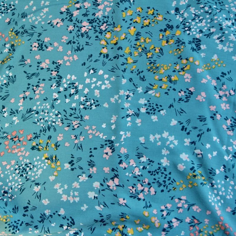 Viscose petites fleurs turquoise